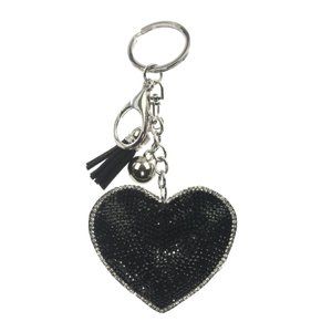 Black Heart Tassel Bling Faux Suede Stuffed Pillow Key Chain Handbag Charm